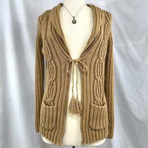 MAX STUDIO Tan Cable Knit Tie Front Cardigan Tassels Womens S Pockets Cabin Soft